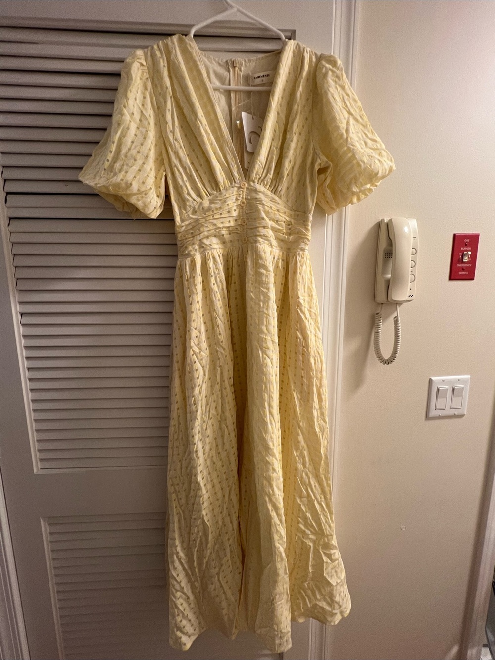 Commense Pale Yellow V-Neck Puff Sleeve Maxi Dress